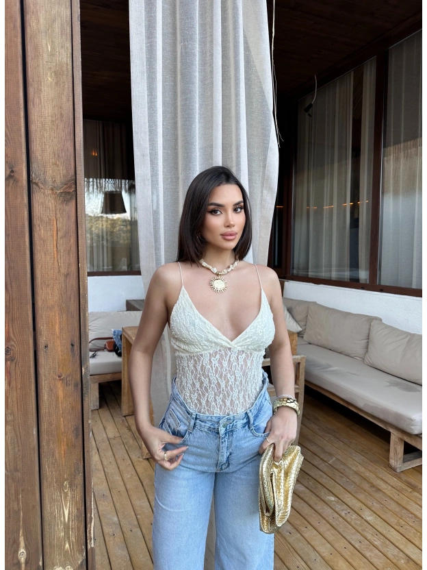 Sarı İp Askılı Dantel Bodysuit