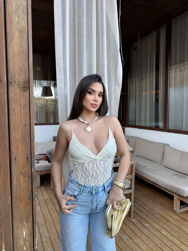 Sarı İp Askılı Dantel Bodysuit