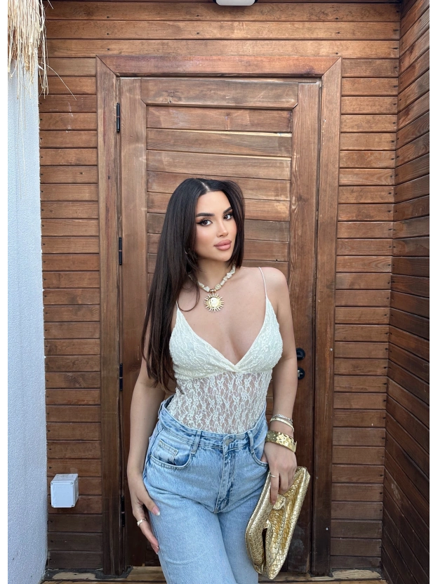 Sarı İp Askılı Dantel Bodysuit