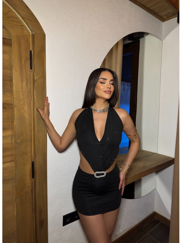 Siyah Taş Aksesuarlı Tasarım Mini Elbise