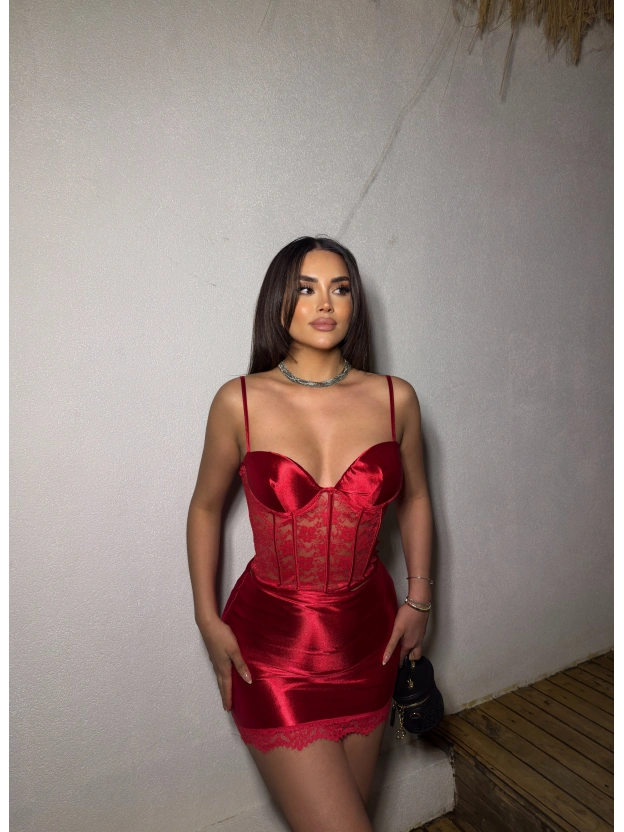 Kırmızı Saten Dantel Detay Etek Takım