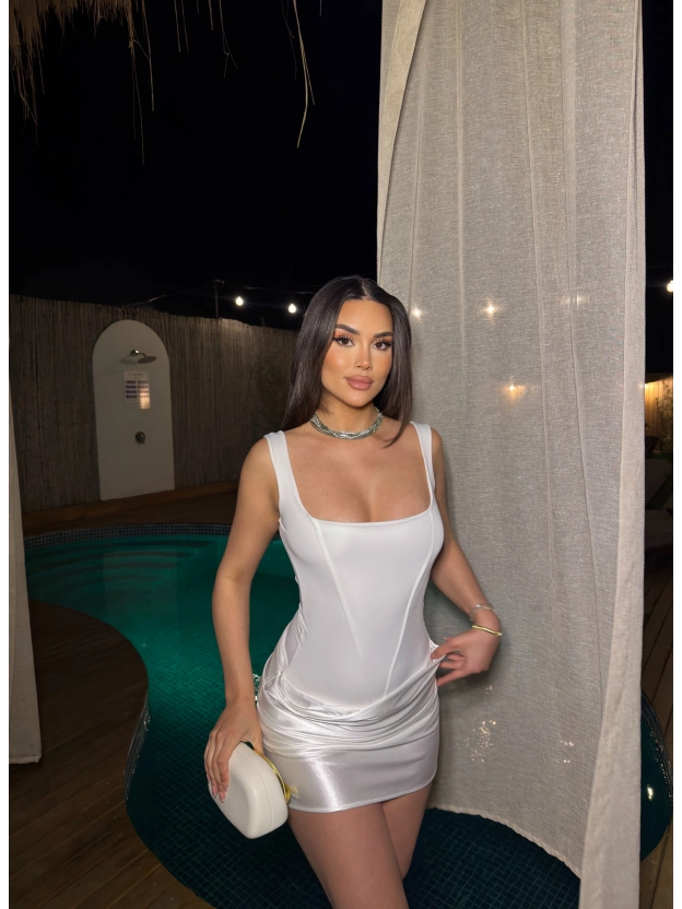 Beyaz Korseli Saten Elbise