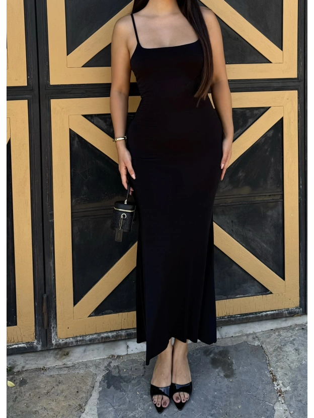 Siyah Ayarlanabilir Askılı Uzun Çan Elbise