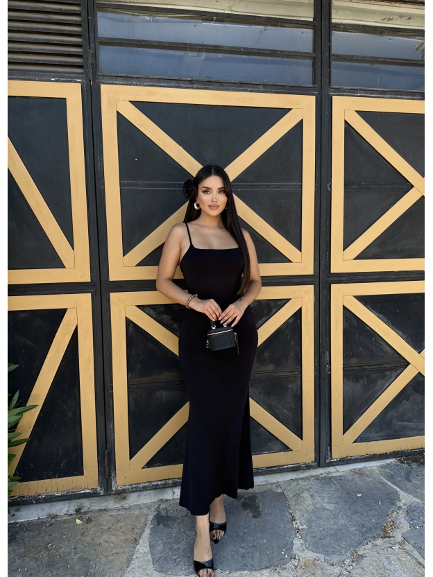 Siyah Ayarlanabilir Askılı Uzun Çan Elbise