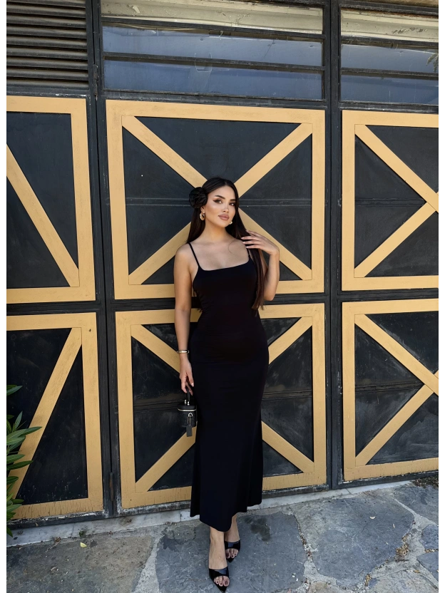 Siyah Ayarlanabilir Askılı Uzun Çan Elbise