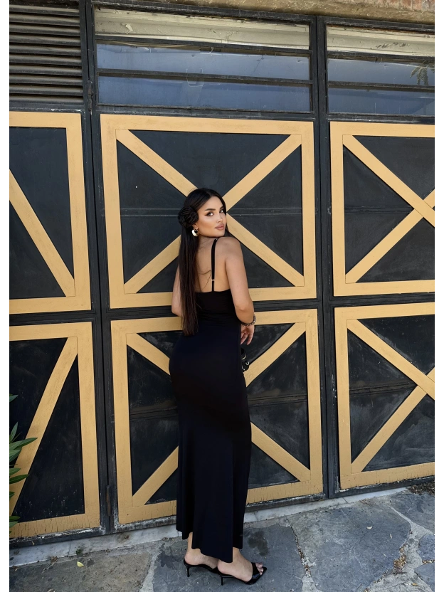 Siyah Ayarlanabilir Askılı Uzun Çan Elbise