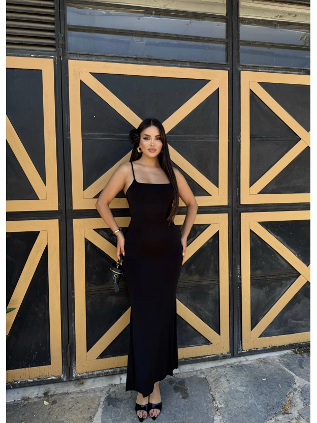 Siyah Ayarlanabilir Askılı Uzun Çan Elbise