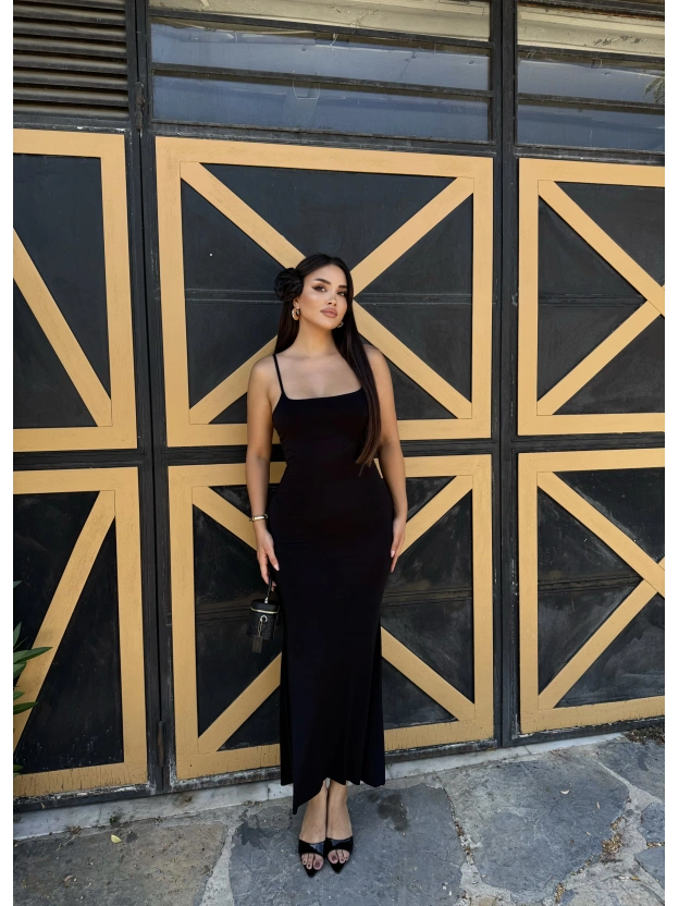 Siyah Ayarlanabilir Askılı Uzun Çan Elbise