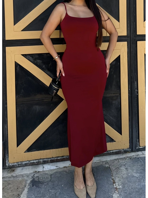 Bordo Ayarlanabilir Askılı Uzun Çan Elbise