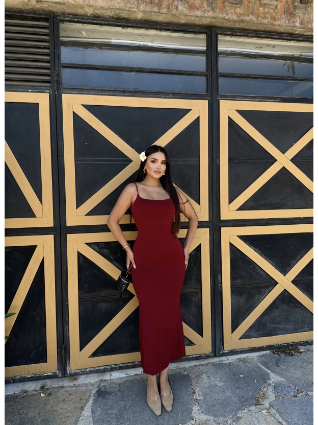 Bordo Ayarlanabilir Askılı Uzun Çan Elbise