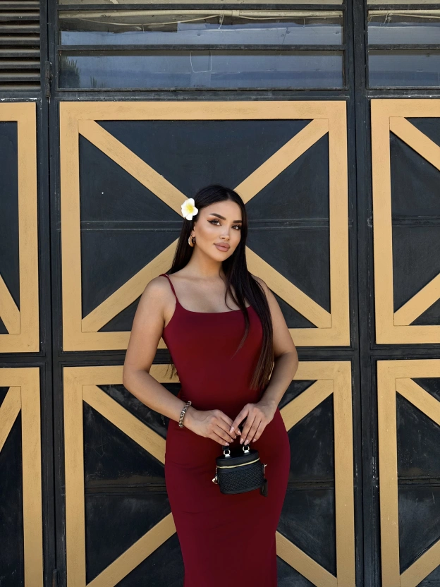 Bordo Ayarlanabilir Askılı Uzun Çan Elbise