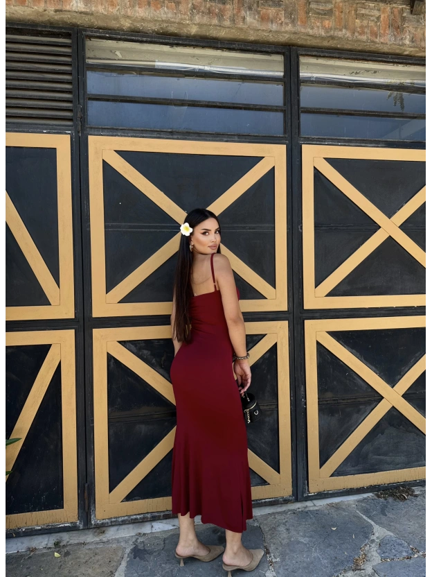 Bordo Ayarlanabilir Askılı Uzun Çan Elbise