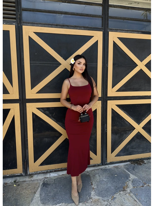 Bordo Ayarlanabilir Askılı Uzun Çan Elbise