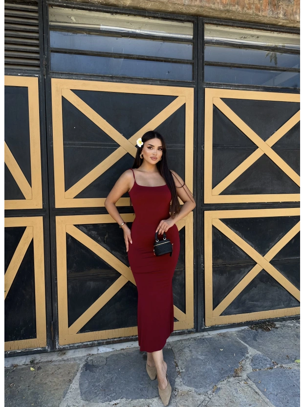 Bordo Ayarlanabilir Askılı Uzun Çan Elbise