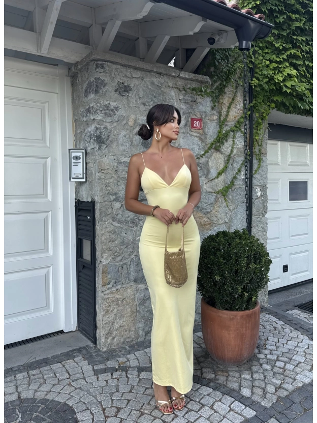 Sarı V Yaka Uzun Premium Elbise