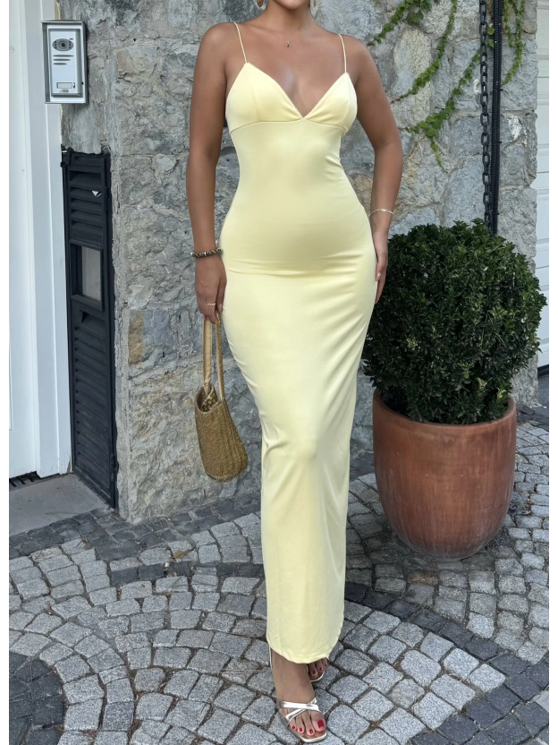 Sarı V Yaka Uzun Premium Elbise