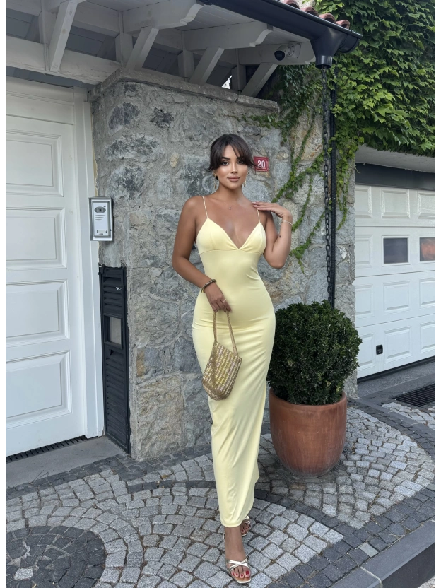 Sarı V Yaka Uzun Premium Elbise