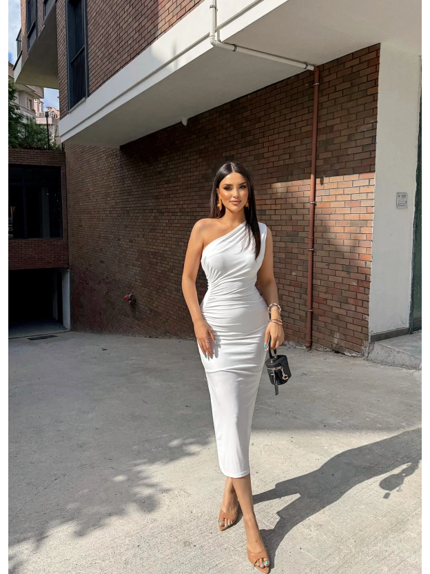 Beyaz Tek Omuz Astarlı Premium Elbise