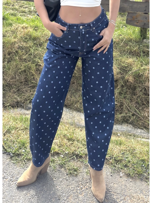 Koyu Mavi Puantiyeli Barrel Fit Pantolon