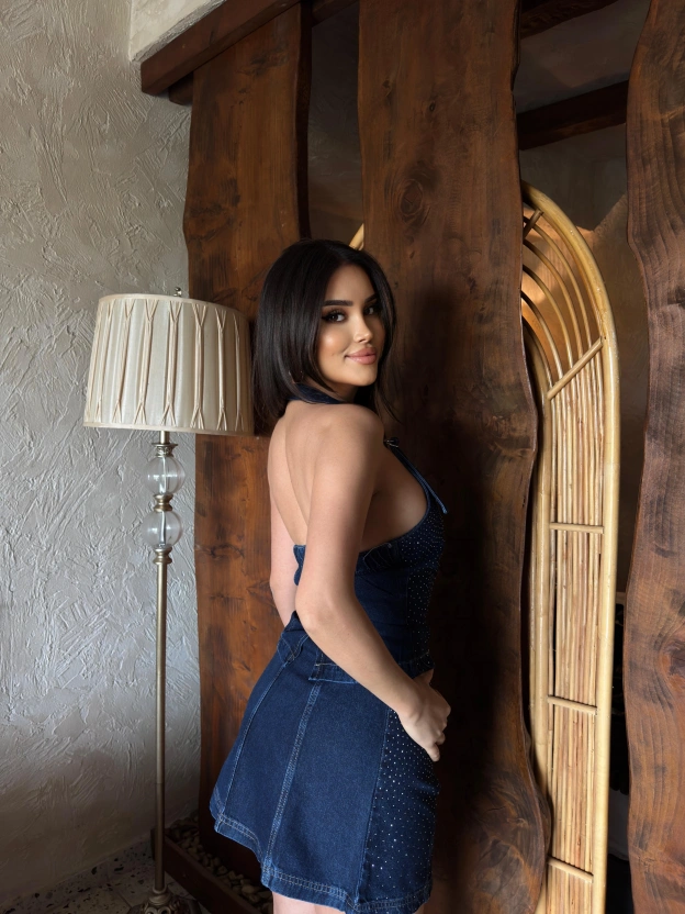 Mavi Taşlı Crop Etek Takım