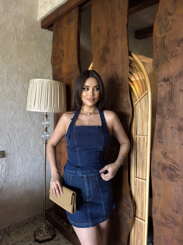 Mavi Taşlı Crop Etek Takım