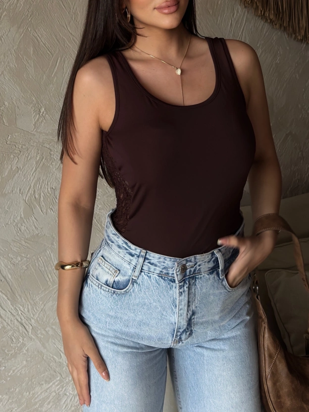 Kahverengi Bisiklet Yaka Sırt Dantel Crop