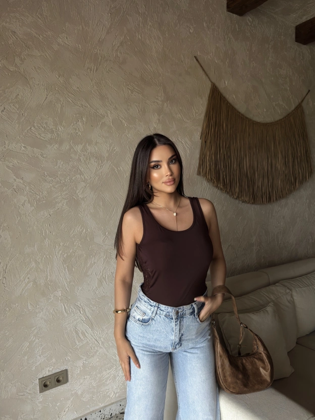 Kahverengi Bisiklet Yaka Sırt Dantel Crop