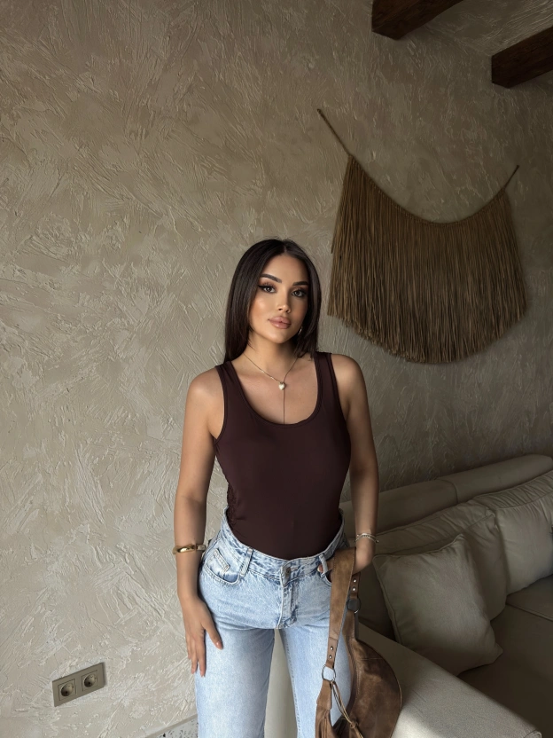 Kahverengi Bisiklet Yaka Sırt Dantel Crop