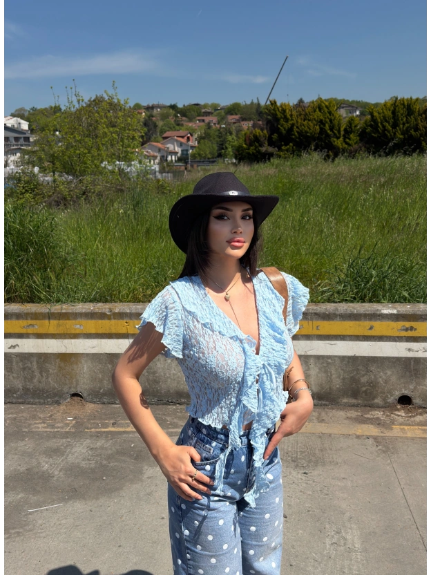 Mavi Önü Fırfırlı Tasarım Crop