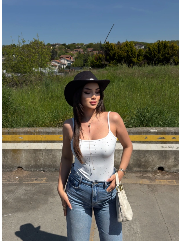 Beyaz Taşlı ip Askılı Bodysuit