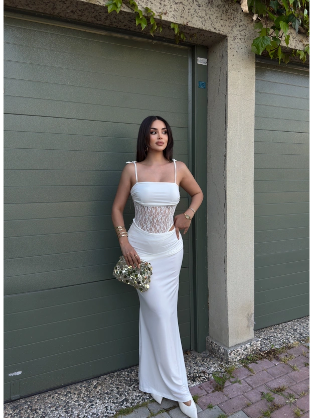 Beyaz Güpür Detay Maxi Elbise