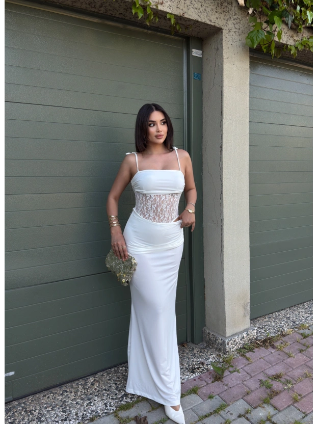 Beyaz Güpür Detay Maxi Elbise