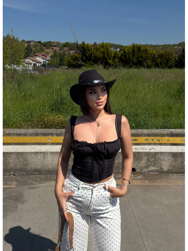 Siyah Poplin Korse Detay Crop