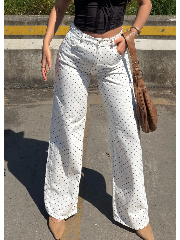 Ekru Puantiyeli Wide Leg Pantolon