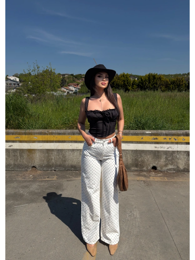 Ekru Puantiyeli Wide Leg Pantolon