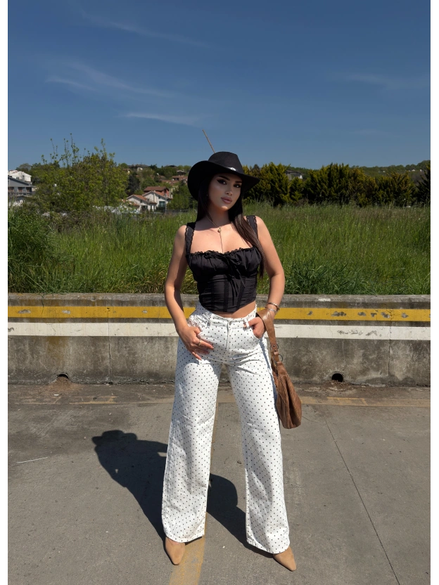 Ekru Puantiyeli Wide Leg Pantolon
