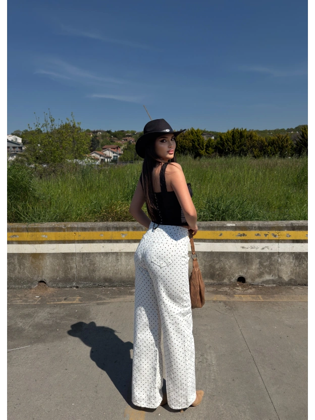Ekru Puantiyeli Wide Leg Pantolon