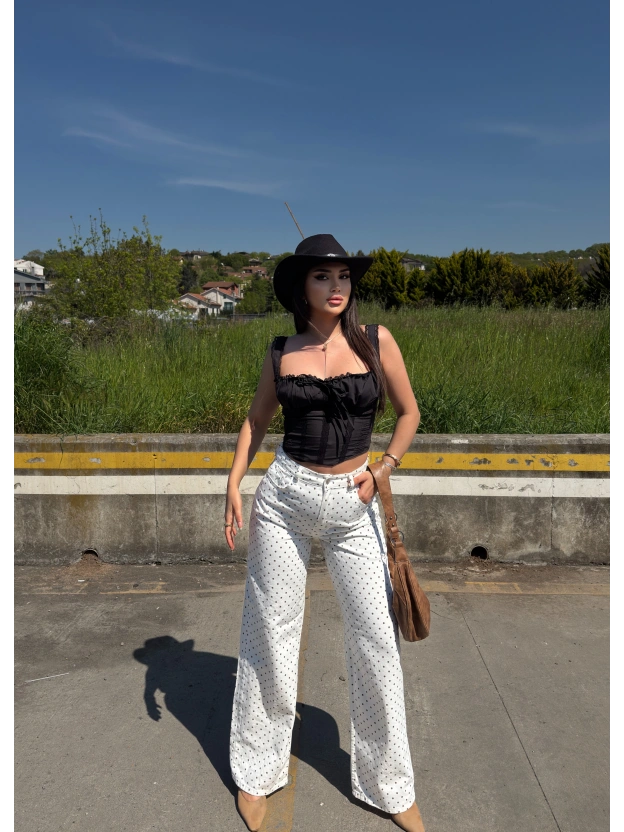 Ekru Puantiyeli Wide Leg Pantolon