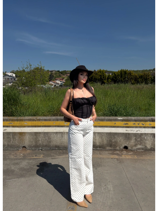 Ekru Puantiyeli Wide Leg Pantolon