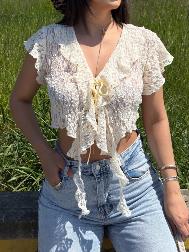 Sarı Önü Fırfırlı Tasarım Crop