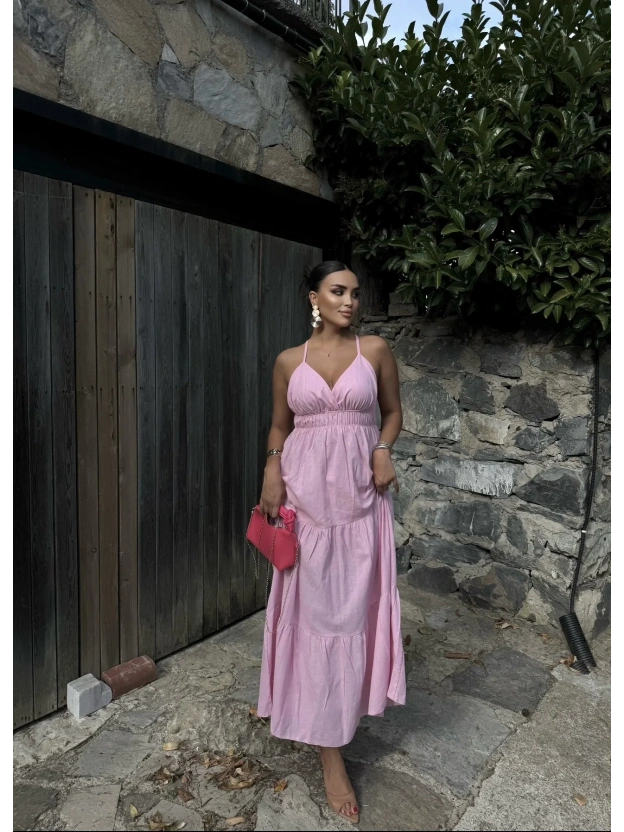 Pembe Sırt Detay Keten Elbise