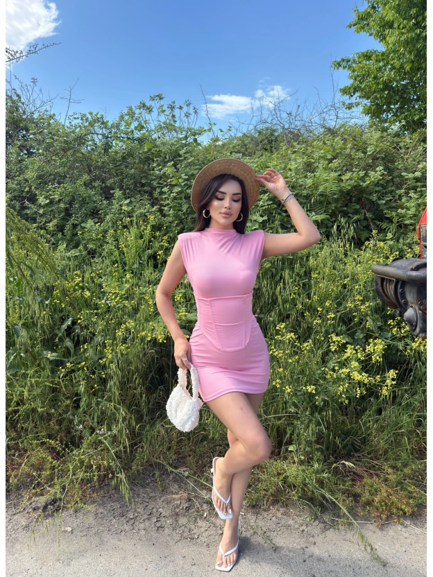 Pembe Sıfır Kol Korseli Mini Elbise