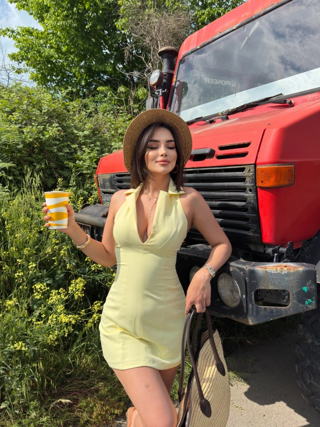 Sarı Polo Yaka Double Kumaş Mini Elbise