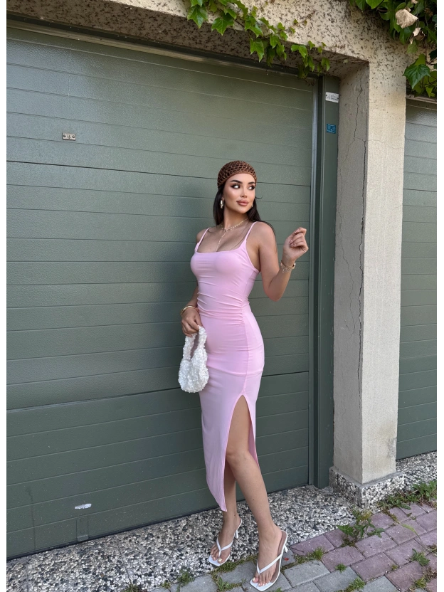 Pembe Ayarlanabilir Askılı Yırtmaçlı Uzun Elbise