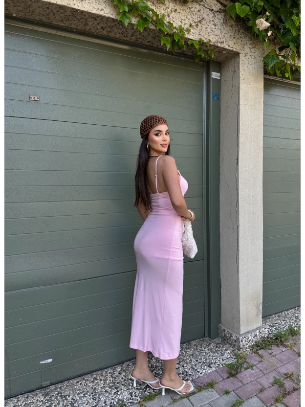Pembe Ayarlanabilir Askılı Yırtmaçlı Uzun Elbise