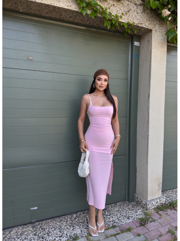 Pembe Ayarlanabilir Askılı Yırtmaçlı Uzun Elbise