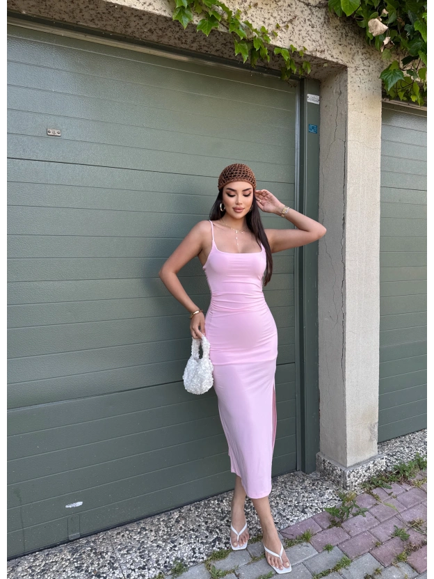 Pembe Ayarlanabilir Askılı Yırtmaçlı Uzun Elbise