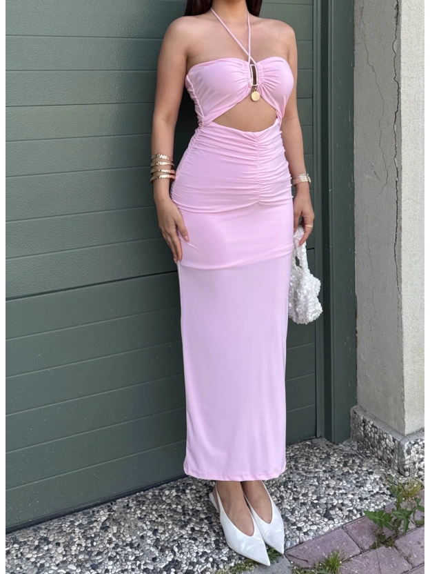 Pembe Drapeli Aksesuarlı Uzun Elbise