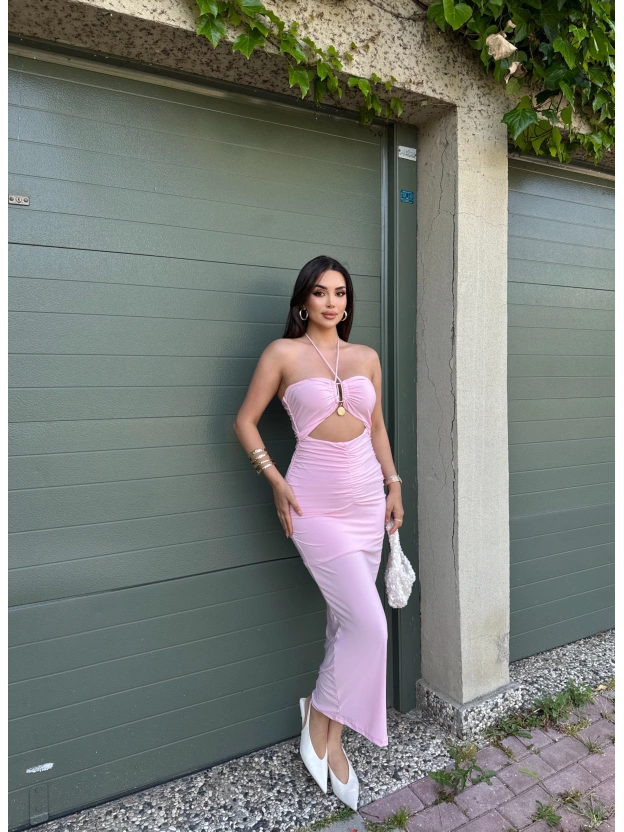 Pembe Drapeli Aksesuarlı Uzun Elbise