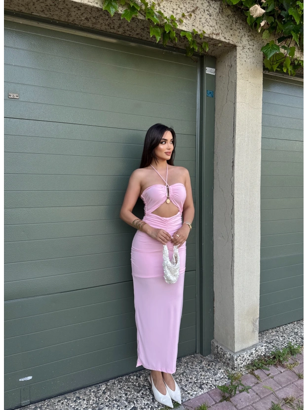 Pembe Drapeli Aksesuarlı Uzun Elbise